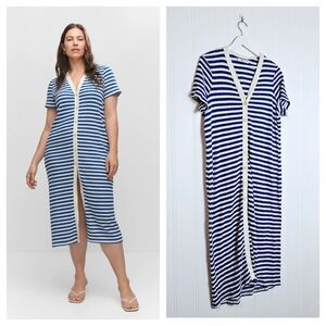 Mango Knit Striped Midi Dress Blue White Button Front Jersey Size 14 MNG